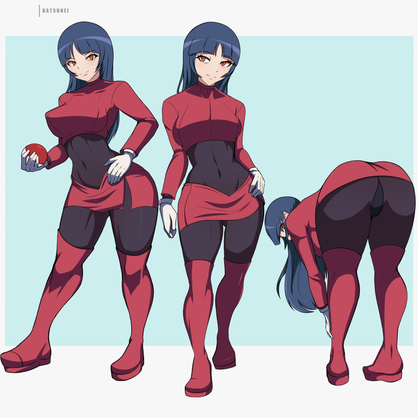 1girl ass bangs blue_hair blunt_bangs bodystocking breasts covered_navel dark_blue_hair gloves hand_on_hip highres hime_cut holding holding_poke_ball jacket katsunei large_breasts long_hair miniskirt over-kneehighs pantyhose poke_ball poke_ball_(basic) pokemon pokemon_(game) pokemon_frlg red_eyes red_jacket red_skirt sabrina_(pokemon) side_slit skirt thighhighs turtleneck turtleneck_jacket white_gloves