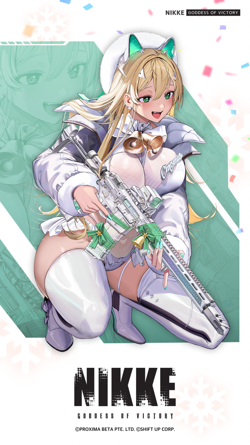 1girl ar-15 artist_request assault_rifle bell blonde_hair boots breasts commentary_request copyright_name earrings fingernails full_body fur_trim goddess_of_victory:_nikke green_eyes gun hair_ornament high_heel_boots high_heels highres holding holding_weapon jacket jewelry large_breasts leotard logo long_hair long_sleeves nail_polish neck_bell official_alternate_costume official_art open_clothes open_jacket open_mouth ribbon rifle rupee_(nikke) shiny shiny_clothes shiny_hair shiny_skin simple_background smile solo squatting teeth thigh_boots trigger_discipline upper_teeth weapon zoom_layer