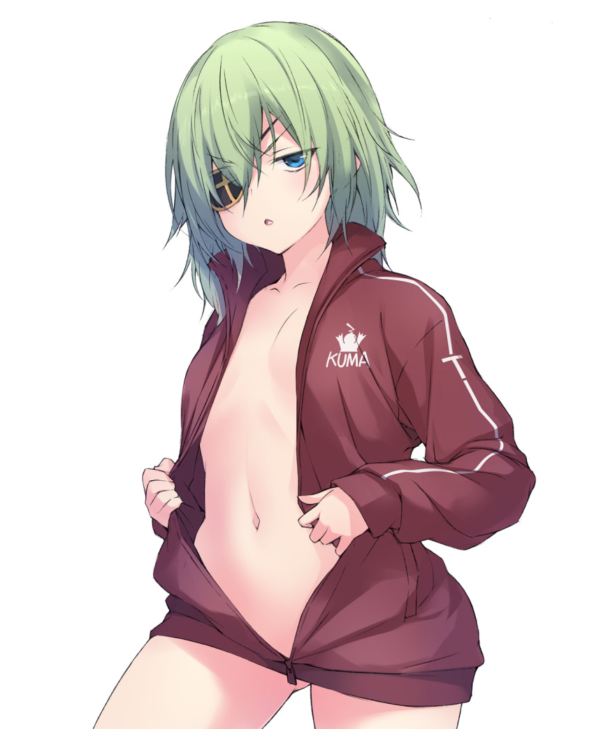 1girl blue_eyes breasts clothes_writing cowboy_shot eyepatch green_hair highres jacket kantai_collection kiso_(kancolle) kiso_kai_ni_(kancolle) naked_jacket navel open_clothes open_jacket red_jacket sakana_(flame_sakana) school_uniform serafuku short_hair simple_background small_breasts solo triangle_mouth white_background