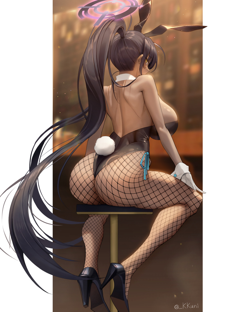 1girl absurdres ass backless_outfit bare_back bare_shoulders black_hair black_leotard blue_archive breasts fishnets full_body gloves high_heels highres karin_(blue_archive) karin_(bunny)_(blue_archive) kkuni large_breasts leotard long_hair looking_at_viewer official_alternate_costume playboy_bunny sitting solo stool very_long_hair white_gloves