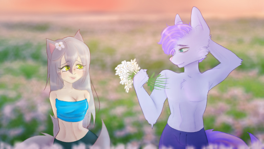 animal_humanoid anthro blue_body blue_fur canid canid_humanoid canine canine_humanoid canis chest_tuft duo embarrassed female field flower fur green_eyes grey_hair hair hand_on_head hi_res humanoid love male male/female mammal mammal_humanoid mortydraws multicolored_hair orange_hair plant purple_hair raine_silverlock sane_(skbld) shy tuft two_tone_hair twokinds webcomic wolf yellow_eyes