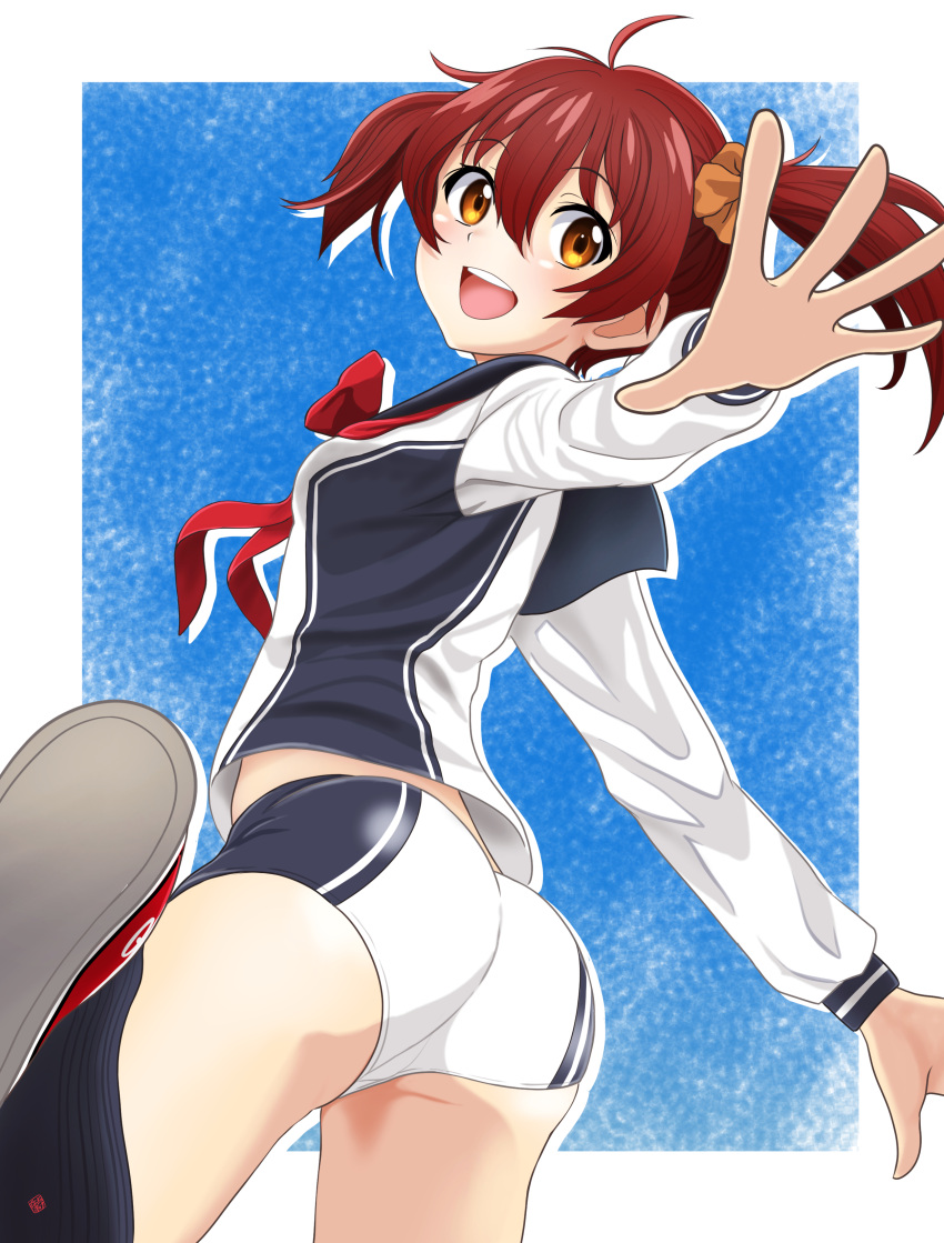 1girl :d absurdres ahoge ass black_sailor_collar black_shorts black_socks blue_background border foot_out_of_frame foreshortening hair_between_eyes hair_ornament hair_scrunchie highres isshiki_akane long_sleeves looking_to_the_side nao_suke national_shin_ooshima_school_uniform neckerchief orange_eyes orange_scrunchie outside_border outstretched_arms red_footwear red_hair red_neckerchief sailor_collar school_uniform scrunchie serafuku shoes short_hair short_shorts short_twintails shorts smile sneakers socks solo standing standing_on_one_leg teeth turning_head twintails two-tone_shorts upper_teeth vividred_operation white_border white_shorts