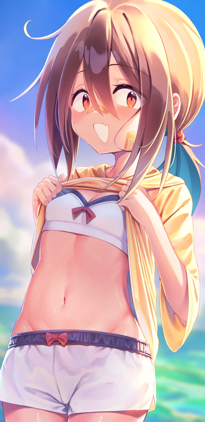 1girl absurdres bandaid bandaid_on_face bandaid_on_nose bikini bikini_shorts blush breasts brown_eyes brown_hair cowboy_shot do_it_yourself!! evening fang highres hood hood_down hoodie in_water jiyasu lifted_by_self looking_at_viewer naver ocean open_mouth outdoors ponytail shiny shiny_skin shorts skin_fang sky small_breasts solo standing stomach swimsuit swimsuit_under_clothes white_bikini white_shorts yellow_hoodie yua_serufu