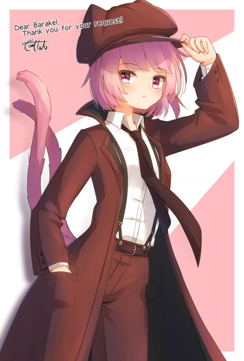 1girl animal_ears animal_hat arm_up bangs black_necktie blush brown_headwear brown_jacket brown_pants cabbie_hat cat_ears cat_tail closed_mouth collared_shirt commentary_request coreytaiyo dated dress_shirt english_text fake_animal_ears hand_in_pocket hand_on_headwear hat highres jacket long_sleeves looking_at_viewer multiple_tails necktie open_clothes open_jacket original pants pink_background pink_hair purple_eyes shirt short_hair signature solo suspenders tail thank_you two-tone_background two_tails white_background white_shirt