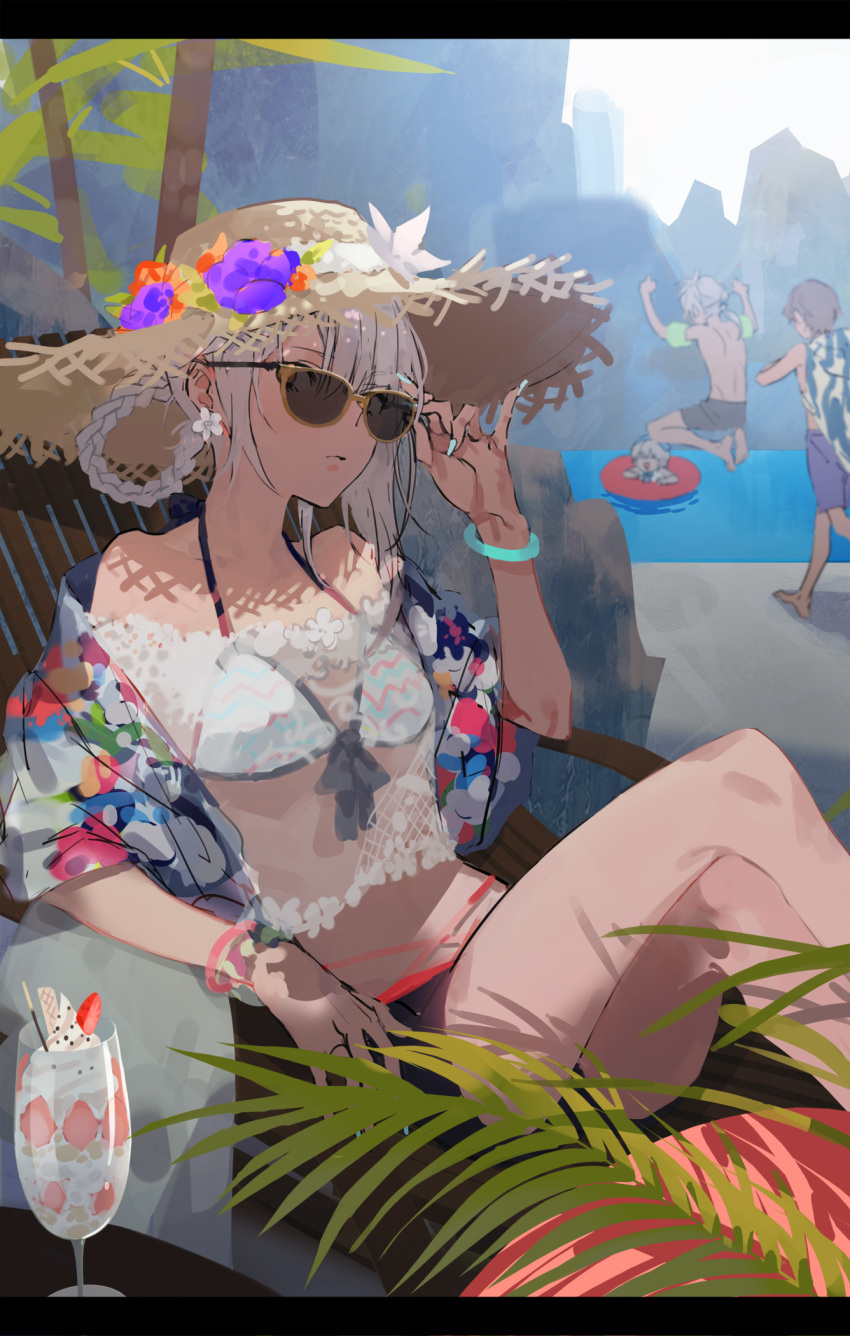 1girl 3boys adjusting_eyewear aqua_nails aqua_wristband arms_up bangs bare_shoulders bikini black_pants braid breasts commentary crossed_legs day drinking_straw earrings feet_out_of_frame flower flower_earrings food fruit halterneck hat highres ice_cream jewelry jumping kaine_(nier) letterboxed looking_at_viewer multicolored_towel multiple_boys nier nier_(series) ocean otuming outdoors pants parted_lips purple_pants red_wristband shadow short_hair sitting small_breasts smile solo_focus standing straw_hat strawberry sun_hat sunglasses swimsuit towel towel_around_neck water white_hair wristband