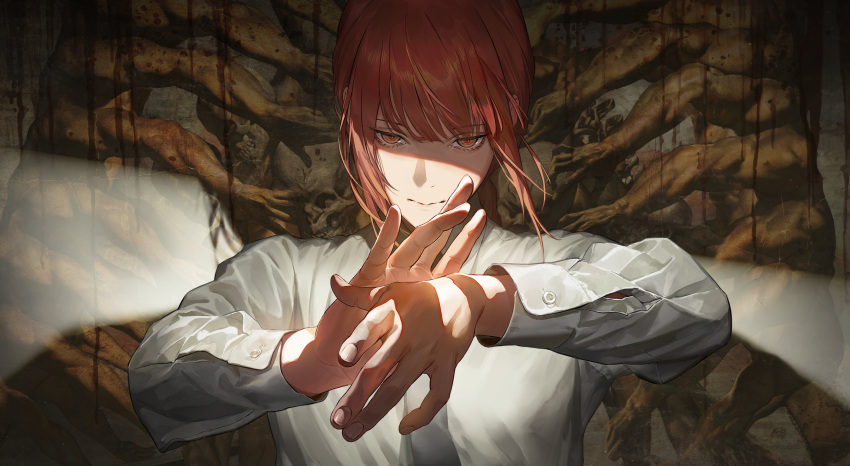 1girl absurdres bangs black_necktie chainsaw_man collared_shirt extra_hands highres looking_at_viewer makima_(chainsaw_man) matsuo_shogo medium_hair necktie own_hands_together punishment_devil_(chainsaw_man) red_hair ringed_eyes shaded_face shirt sidelocks skull snake_devil_(chainsaw_man) solo_focus upper_body white_hair yellow_eyes