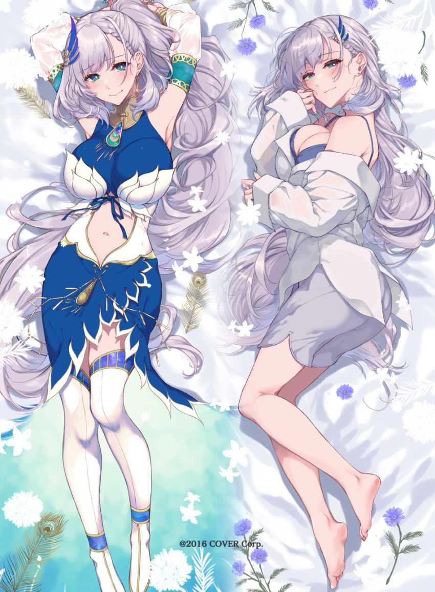 1girl bangs barefoot bed_sheet blue_eyes blush boots breasts cleavage clothing_cutout dakimakura_(medium) dress highres hololive hololive_indonesia large_breasts long_hair looking_at_viewer loose_clothes loose_shirt lying multiple_views navel_cutout on_back pavolia_reine pochi_(pochi-goya) shirt smile thigh_boots virtual_youtuber white_hair white_shirt