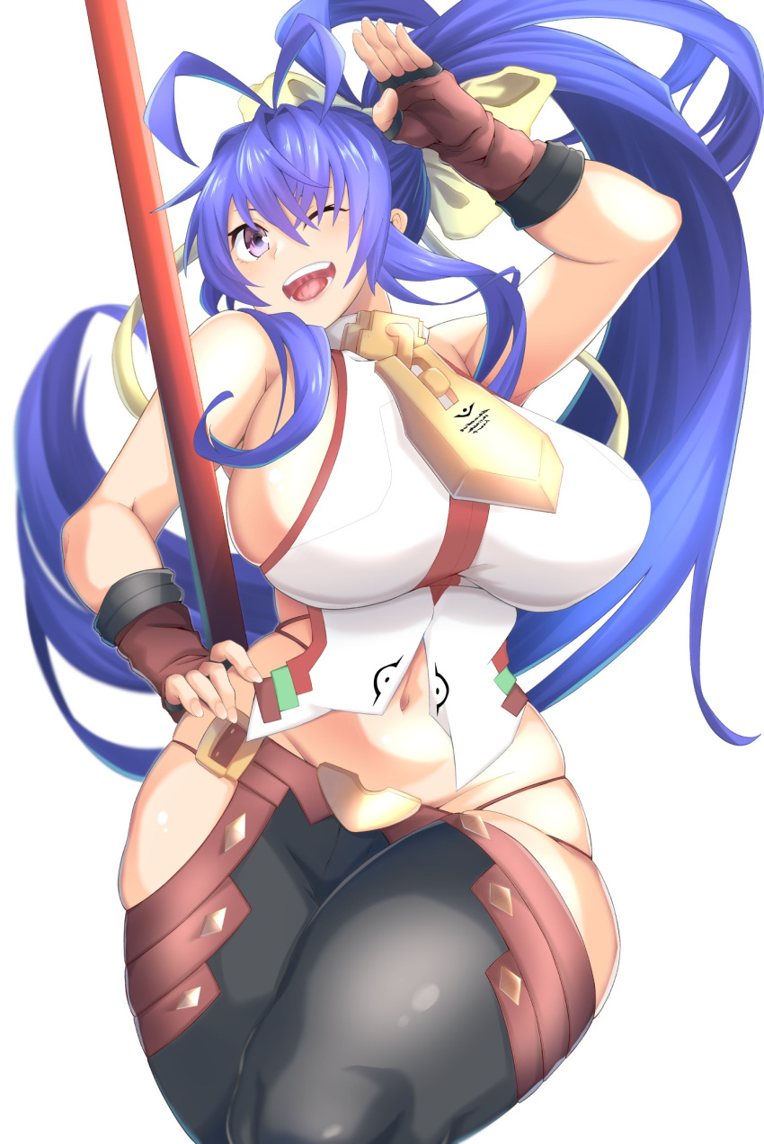 1girl antenna_hair backless_outfit bare_shoulders black_pants blazblue blazblue:_central_fiction blazblue_variable_heart blue_hair bow breasts fingerless_gloves gloves hair_bow halterneck highres holding holding_polearm holding_weapon huge_breasts long_hair looking_at_viewer lowleg lowleg_pants mai_natsume midriff natadekoko-zr navel one_eye_closed open_mouth outseal pants polearm purple_eyes red_gloves sideboob sidelocks solo teeth very_long_hair weapon yellow_bow