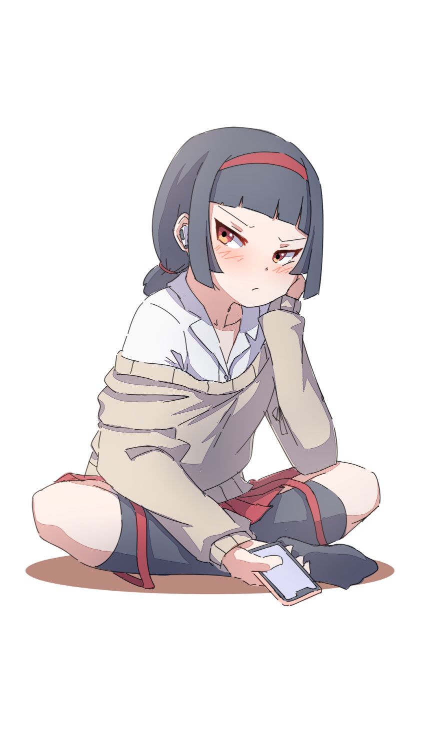 1girl bangs black_hair black_socks blush brown_sweater closed_mouth collared_shirt colored_shadow commentary_request dress_shirt earbuds earphones hairband highres kneehighs kuro_kosyou looking_at_viewer low_ponytail no_shoes off_shoulder orange_eyes original pleated_skirt ponytail red_hairband red_skirt shadow shirt simple_background skirt socks solo sweater white_background white_shirt wireless_earphones