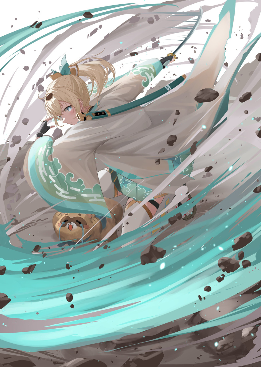 1girl absurdres aqua_eyes blonde_hair crying dust_cloud fingerless_gloves gloves green_skirt haori highres hololive japanese_clothes katana kazama_iroha pokobee ponytail sheath shima6644 skirt slashing streaming_tears sword tanuki tears thighhighs virtual_youtuber weapon wide_sleeves