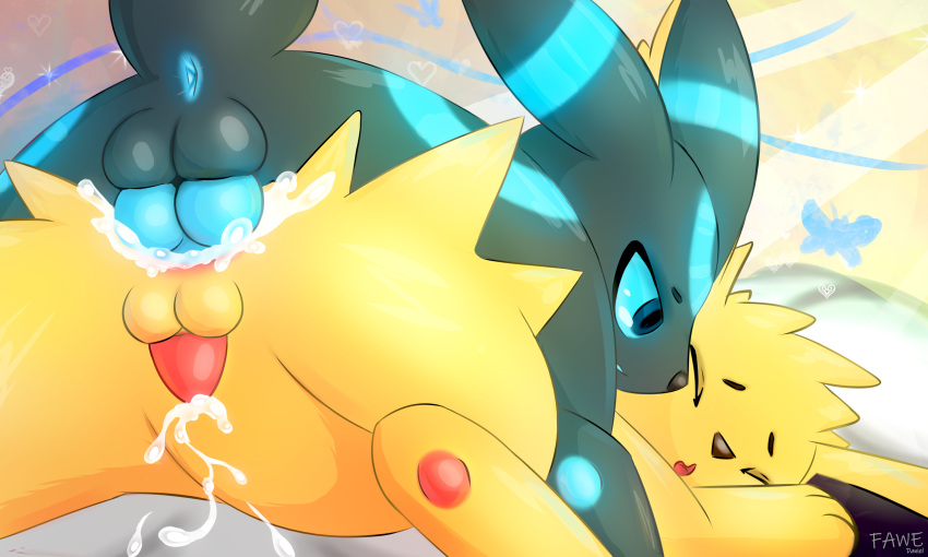 anal anal_penetration anus balls black_body black_fur blush bodily_fluids butt cum digital_drawing_(artwork) digital_media_(artwork) duo eeveelution ejaculation_while_penetrated erection fawe feral fur generation_1_pokemon generation_2_pokemon genital_fluids genitals hi_res jolteon male male/male male_penetrated male_penetrating male_penetrating_male mammal nintendo nude open_mouth penetration penis pokemon pokemon_(species) sex shaded signature simple_background umbreon video_games yellow_body yellow_fur