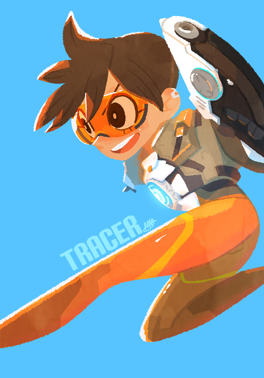 1girl :d ass bangs bodysuit bomber_jacket breasts brown_eyes brown_hair character_name chest_harness english_commentary gloves goggles gun harness highres jacket medium_breasts orange_bodysuit orange_goggles overwatch overwatch_2 short_hair smile solo spiked_hair tracer_(overwatch) weapon zettonamo888