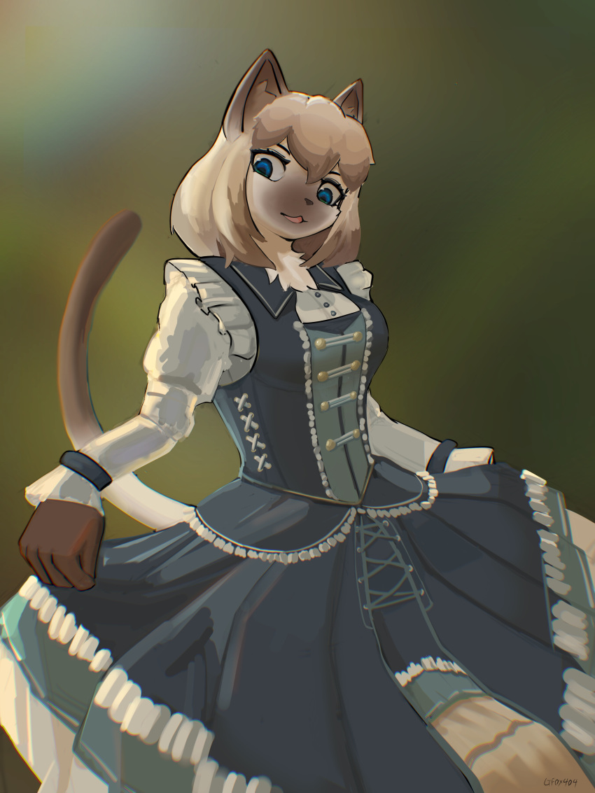 absurd_res anthro blue_eyes brown_body brown_fur clothing domestic_cat dress felid feline felis female fur gfox404 hi_res mammal siamese solo white_body white_fur