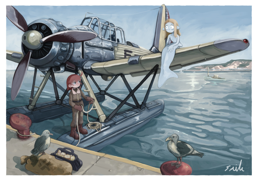 2girls absurdres aircraft airplane ar_196 bangs bird blonde_hair boat brown_gloves brown_hair closed_mouth day gloves harbor highres holding lalah_7th long_hair looking_at_another medium_hair mermaid monster_girl multiple_girls ocean original outdoors pilot_suit rope seagull sitting standing vehicle_focus watercraft