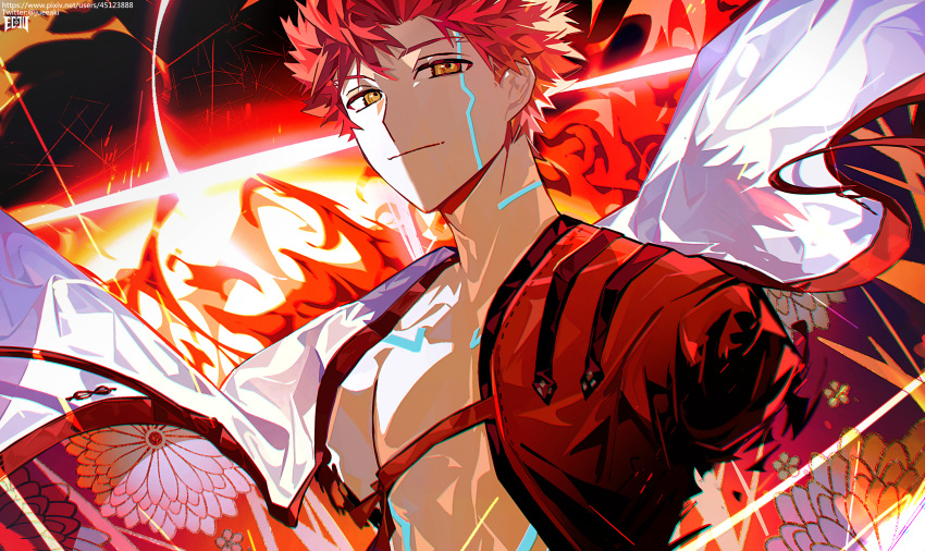 1boy absurdres bangs closed_mouth disintegration eeju emiya_shirou fate/grand_order fate_(series) floral_print highres igote light looking_at_viewer male_focus red_hair senji_muramasa_(fate) smile solo twitter_username upper_body yellow_eyes