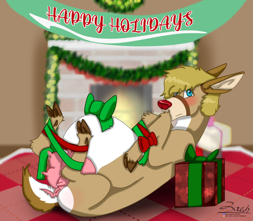 2022 absurd_res anatomically_correct anus bdsm belly blonde_hair blue_eyes blush body_blush bondage bound bow_ribbon box brown_body brown_fur brown_markings butt butt_blush capreoline carpet cervid cervine_pussy christmas christmas_lights cloven_hooves container countershading detailed dewclaw digital_media_(artwork) discord_(app) dock embarrassed english_text female feral fire fireplace fur garland genitals gift hair hair_on_feral hannah_(zer0rebel4) hi_res holidays hooves hyper hyper_pregnancy inside legs_tied lights looking_at_viewer lying mammal markings milk on_back patreon pregnant ribbons scut_tail short_tail solo stuck tan_body tan_fur tan_markings teats text udders url white-tailed_deer white_body white_fur white_markings wrapped_up wreath zer0rebel4