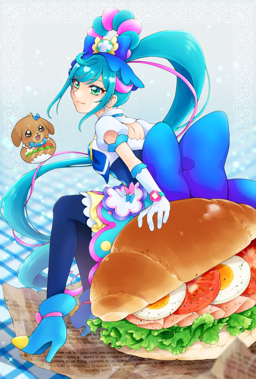 1girl ahoge aizen_(syoshiyuki) apron black_pantyhose blue_bow blue_footwear blue_hair bow bread_bun brooch closed_mouth creature cure_spicy delicious_party_precure dog earrings egg_(food) elbow_gloves food footwear_bow full_body fuwa_kokone gloves green_eyes hair_bow hair_rings heart_brooch highres jewelry layered_skirt lettuce long_hair looking_at_viewer magical_girl multicolored_hair pam-pam_(precure) pantyhose pepper pink_bow pink_hair ponytail precure sandwich shiny shiny_hair shoes sitting skirt smile tomato tomato_slice two-tone_hair white_gloves yellow_skirt