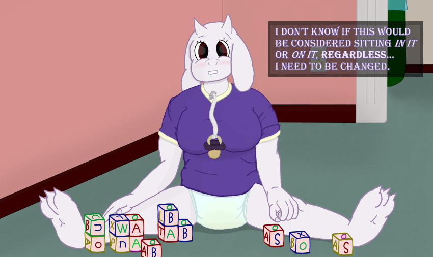absurd_res artist_name block blush bodily_fluids breasts clothing dialogue diaper embarrassed english_text feces female genital_fluids hi_res implied_scat infantilism inside messy_diaper omorashi onesie pacifer sitting sitting_on_ground soiling solo spread_legs spreading text toriel undertale_(series) urine wayward_pony_(artist) wet_diaper wetting