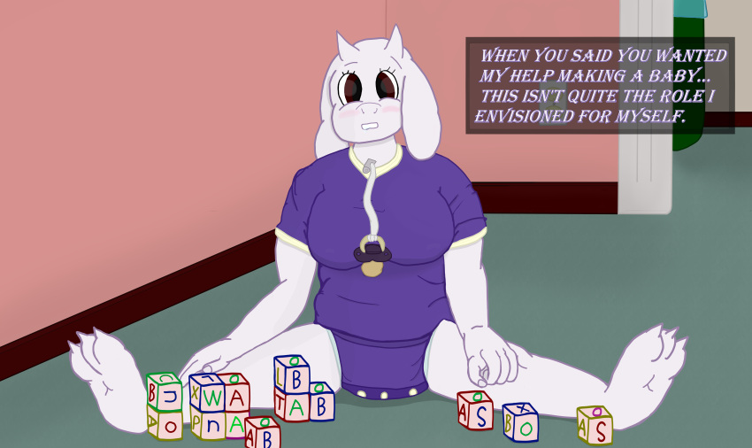 absurd_res artist artist_name block blush bovid breasts caprine clothing dialogue diaper embarrassed female goat hi_res infantilism inside mammal onesie pacifer sitting sitting_on_ground solo spread_legs spreading toriel undertale_(series) wayward_pony