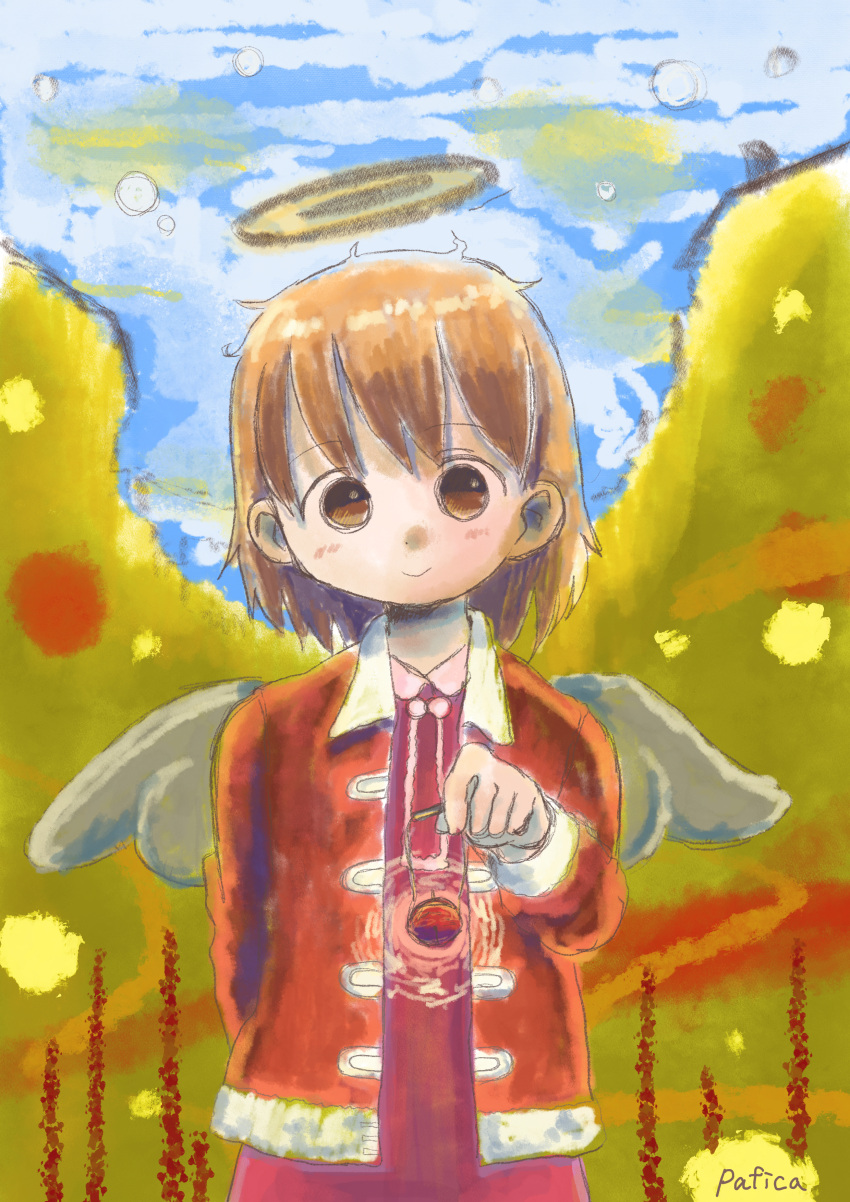 :&gt; absurdres arm_behind_back bangs blue_sky brown_eyes brown_hair closed_mouth collared_jacket day dot_nose faux_traditional_media fur-trimmed_jacket fur-trimmed_sleeves fur_trim haibane_renmei hair_behind_ear halo hand_up highres holding jacket long_sleeves looking_at_viewer open_clothes open_jacket outdoors pafica polka_dot rakka_(haibane) red_jacket short_hair signature sky smile solo standing straight-on tareme upper_body wing_collar wings