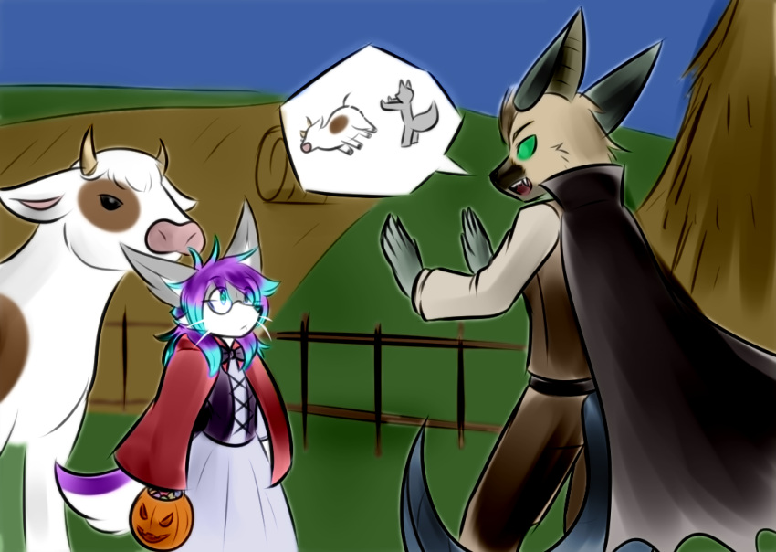anthro bovid bovine canid canine cape cattle chiropteran clothing dialogue duo fairy_tales farm female fence fennec food fox fruit hair halloween hay hay_bale holidays jessica_whiteclawz little_red_riding_hood_(copyright) male male/female mammal plant pumpkin purple_hair pushing simple_background speech_bubble tetsushi
