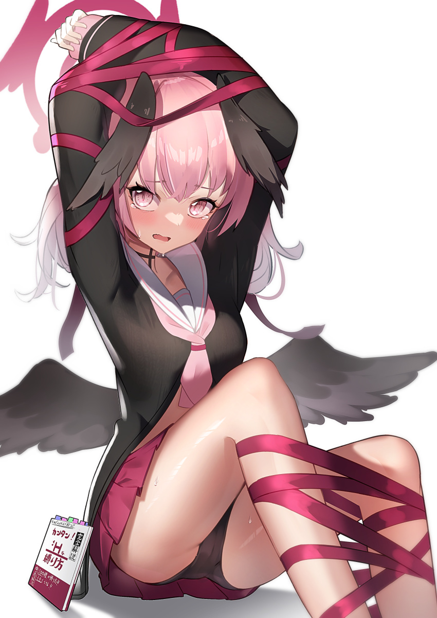 1girl absurdres arms_up bangs black_panties blue_archive blush bound cameltoe e_buki feet_out_of_frame halo head_wings highres koharu_(blue_archive) long_hair long_sleeves looking_at_viewer miniskirt necktie open_mouth panties pink_eyes pink_hair pink_necktie pink_skirt ribbon short_necktie simple_background sitting skirt solo sweat tearing_up tied_up_(nonsexual) underwear white_background wings