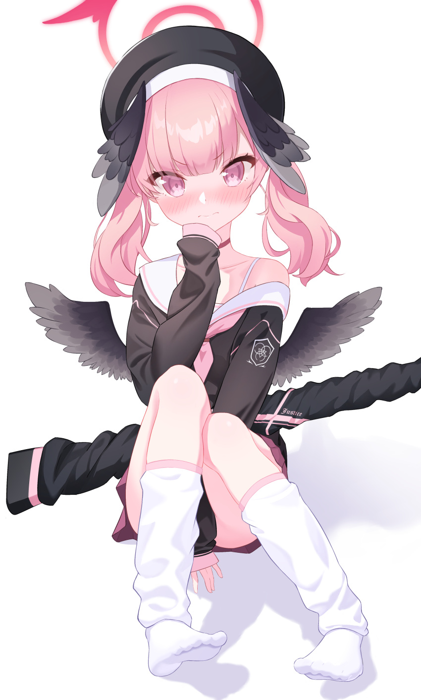 1girl absurdres bangs beret between_legs black_headwear black_shirt black_skirt blue_archive blunt_bangs blush commentary_request feathered_wings feet full_body grey_wings gun halo hand_between_legs hand_up hat head_wings highres knees_together_feet_apart koharu_(blue_archive) kurageumisawa legs looking_at_viewer loose_socks low_wings neckerchief no_shoes off_shoulder pink_eyes pink_hair pink_neckerchief pink_skirt sailor_collar shiny shiny_hair shiny_skin shirt sidelocks sitting skirt sleeves_past_fingers sleeves_past_wrists socks solo toes twintails weapon white_sailor_collar white_socks wings