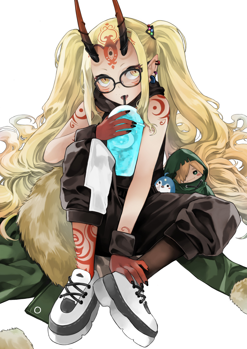 1girl absurdres bare_shoulders bespectacled bird black_nails blonde_hair body_markings character_doll coat coat_removed contemporary cup disposable_cup drink drinking_straw drinking_straw_in_mouth ear_piercing facial_mark fang fate/grand_order fate_(series) fingernails forehead_mark full_body fur_trim glasses hair_ornament hair_over_one_eye highres hood hoodie horns ibaraki_douji_(fate) long_hair looking_at_viewer oni oni_horns open_mouth pants piercing pointy_ears robin_hood_(fate) sharp_fingernails shoes sidelocks simple_background sitting sleeveless sleeveless_hoodie sneakers tattoo track_pants twintails very_long_hair white_background wristband yellow_eyes ynion