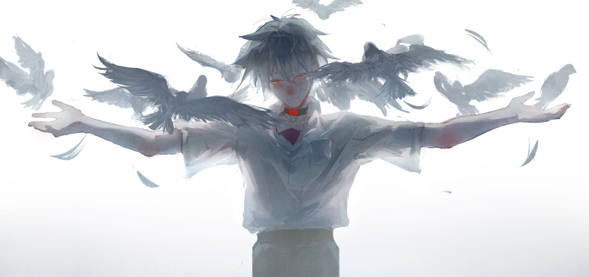 1boy absurdres bangs bird black_bird black_choker black_pants chinese_commentary choker collarbone commentary_request cowboy_shot faux_traditional_media flock glowing glowing_eyes grey_hair hair_between_eyes highres looking_down male_focus nagisa_kaworu neon_genesis_evangelion outstretched_arms painterly pants pocket red_eyes shirt short_hair short_sleeves simple_background smile solo spread_arms standing wenxiaoningmeng white_background white_shirt