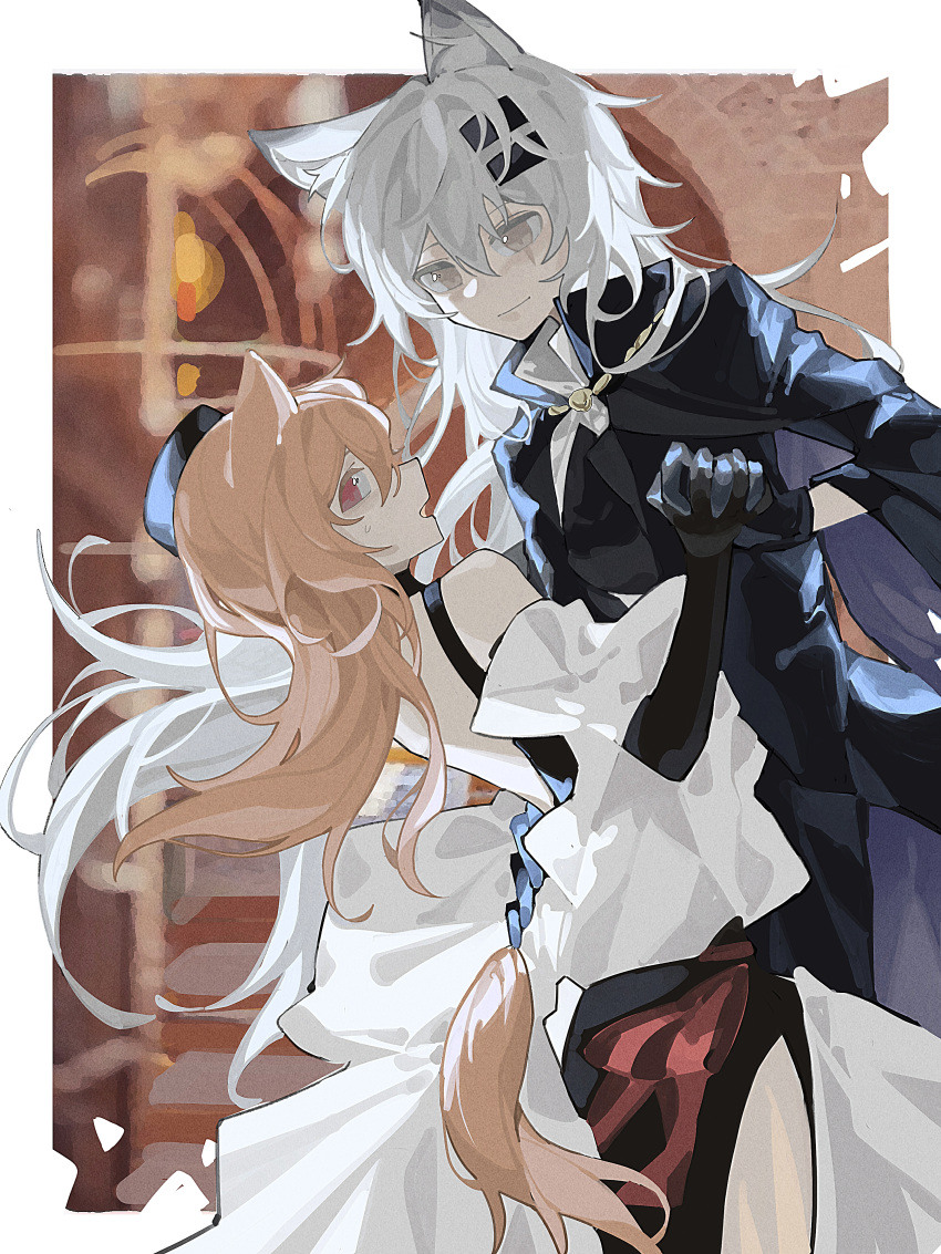 2girls absurdres animal_ears arknights black_coat black_dress black_gloves blonde_hair coat dress floating_hair gloves grey_hair hair_between_eyes hair_ornament hairclip haobuguniao highres holding_hands lappland_(arknights) lappland_(refined_horrormare)_(arknights) long_hair looking_at_viewer multiple_girls official_alternate_costume open_mouth red_eyes sideways_glance sora_(arknights) sora_(melodiosa)_(arknights) tail wolf_ears wolf_girl wolf_tail