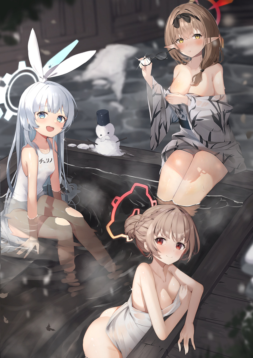 3girls absurdres ass bangs bare_shoulders blue_archive blurry blurry_background blush bow_hairband breasts brown_hair cherino_(blue_archive) cherino_(hot_spring)_(blue_archive) chinatsu_(blue_archive) chinatsu_(hot_spring)_(blue_archive) cleavage e_buki glasses glint grey_hair hair_bun hairband highres holding holding_eyewear japanese_clothes kimono long_hair looking_at_viewer medium_breasts multiple_girls naked_towel nodoka_(blue_archive) nodoka_(hot_spring)_(blue_archive) off_shoulder one-piece_swimsuit onsen open_mouth outdoors partially_submerged pointy_ears red_eyes short_hair sitting small_breasts smile snow snowman soaking_feet swimsuit towel water white_one-piece_swimsuit yellow_eyes