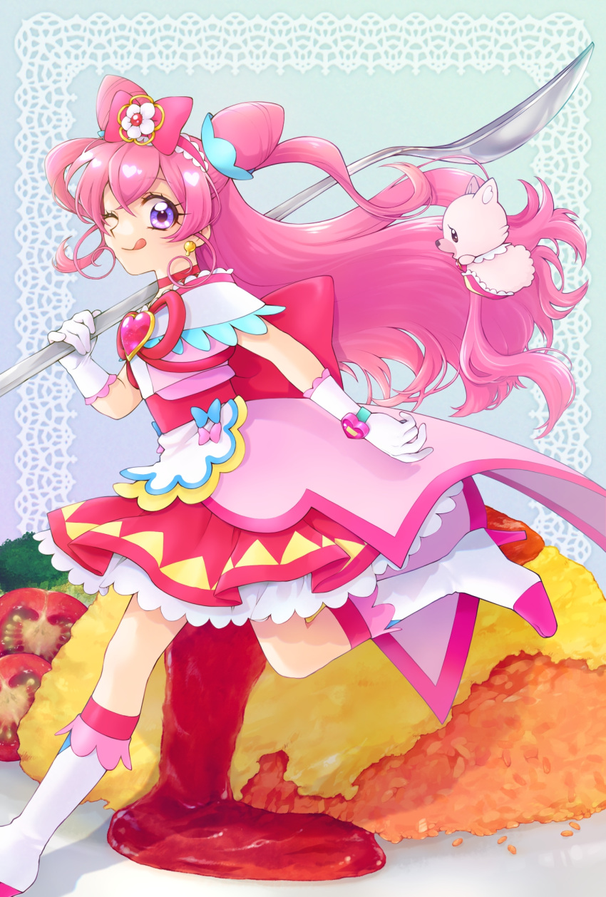 1girl ;q aizen_(syoshiyuki) apron back_bow blue_background blue_bow boots bow brooch cherry_tomato choker closed_mouth cone_hair_bun creature cure_precious delicious_party_precure double_bun earrings flower food from_side full_body gloves hair_bow hair_bun hair_flower hair_ornament hairband heart_brooch highres holding holding_spoon huge_bow jewelry knee_boots kome-kome_(precure) layered_skirt long_hair looking_at_viewer magical_girl nagomi_yui omelet omurice one_eye_closed oversized_object pink_bow pink_choker pink_hair pink_hairband pink_skirt precure purple_eyes running shiny shiny_hair skirt smile spoon tomato tongue tongue_out two_side_up white_footwear white_gloves