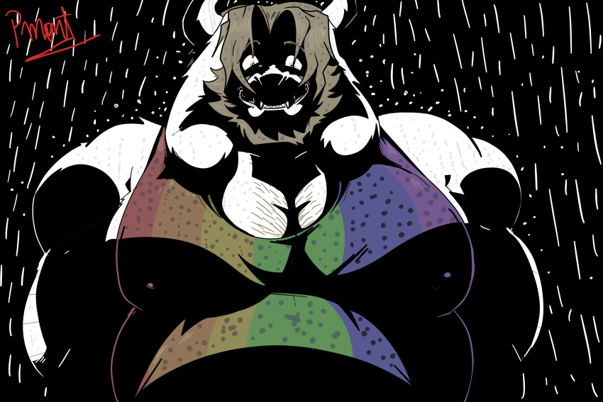&lt;3 anthro asgore_dreemurr barazoku biceps black_background blonde_hair body_hair boss_monster bovid caprine chest_hair clothed clothing dialogue facial_hair first_person_view fur gender_symbol goat hair happy hi_res horn insane lgbt_pride long_ears looking_at_viewer love male male/male male/male_symbol male_symbol mammal mature_anthro mature_male musclebear muscular nipples pecs pinumontbalou pride_colors rainbow_flag rainbow_pride_flag rainbow_symbol raining red_eyes sexuality_symbol simple_background sleeveless_shirt smile solo symbol undertale undertale_(series) video_games wet wet_body wet_clothing white_body white_fur yandere