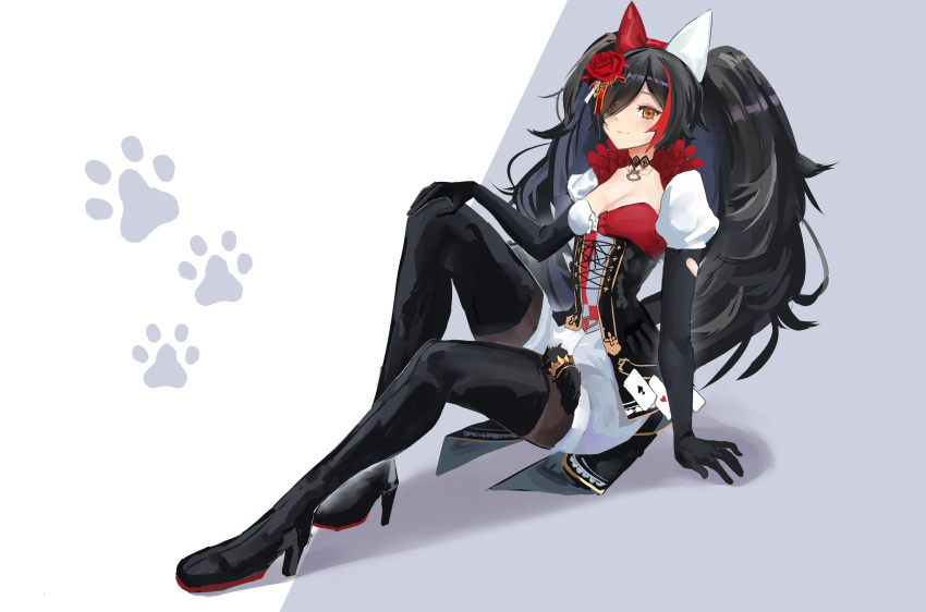 1girl absurdres animal_ears bangs black_footwear black_gloves black_hair blush boots breasts card cleavage commentary_request ear_covers elbow_gloves flower gary_huang gloves grey_background hair_between_eyes hair_flower hair_ornament hair_over_one_eye high_heels highres hololive knee_up long_hair looking_at_viewer medium_breasts multicolored_hair ookami_mio paw_print red_hair sidelocks simple_background sitting smile solo streaked_hair tail thigh_boots twintails virtual_youtuber white_background wolf_ears wolf_girl wolf_tail yellow_eyes