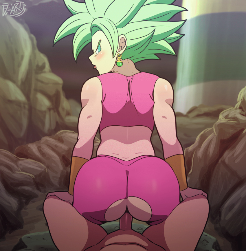 1boy 1girl anal angry_sex animated animated_gif anus ass ass_ripple bare_shoulders blush bouncing_ass crotch_cutout d-art dragon_ball dragon_ball_super earrings from_behind green_hair hetero highres jewelry kefla_(dragon_ball) looking_at_viewer looking_back motion_lines open_mouth pants penis pink_pants potara_earrings pov reverse_cowgirl_position sex skin_tight spiked_hair straddling super_saiyan tongue tongue_out