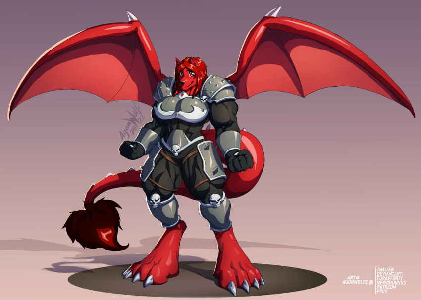 agonwolfe anthro armor big_feet canid canine canis claws demon feet female fur furry gesture hair humanoid mammal muscular red_body red_fur red_hair solo tail_gesture tail_heart wings wolf