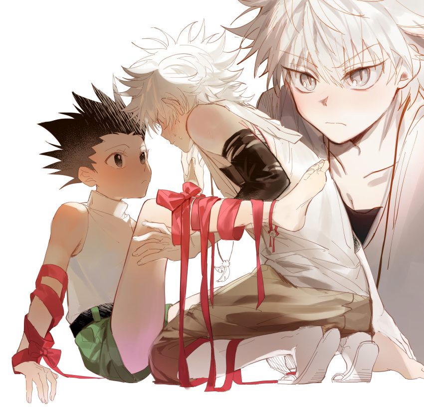 2boys bare_legs bare_shoulders barefoot black_hair commentary commentary_request face-to-face gon_freecss green_shorts hands_on_another's_leg highres hunter_x_hunter killua_zoldyck leg_grab looking_at_another male_child male_focus multiple_boys red_ribbon ribbon shirt short_hair shorts simple_background sitting spiked_hair white_background white_hair white_shirt yaoi yomi4310