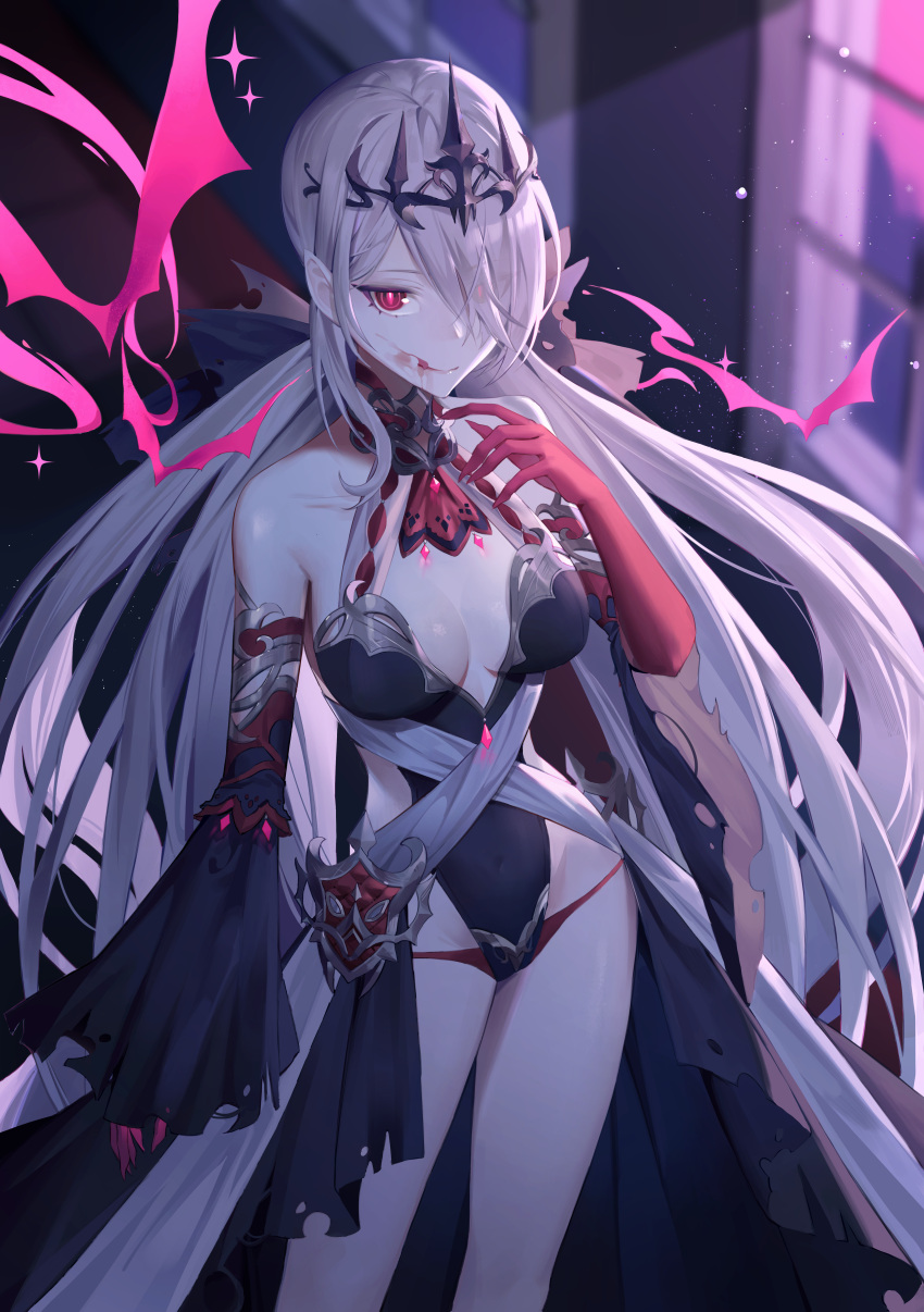 1girl absurdres blood blood_on_face closed_mouth crown detached_sleeves elbow_gloves gloves highres indoors leotard long_hair original red_eyes smile solo standing vampire white_hair wide_sleeves yoru_(0_0yoru)