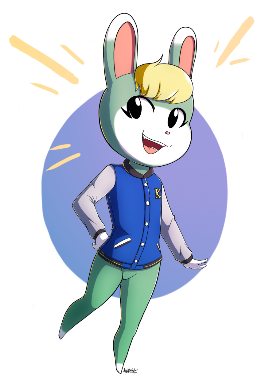 animal_crossing anthro bottomless clothed clothing hand_on_hip hi_res howsplendid jacket lagomorph leporid letterman_jacket male mammal nintendo open_mouth open_smile rabbit sasha_(animal_crossing) smile solo topwear video_games