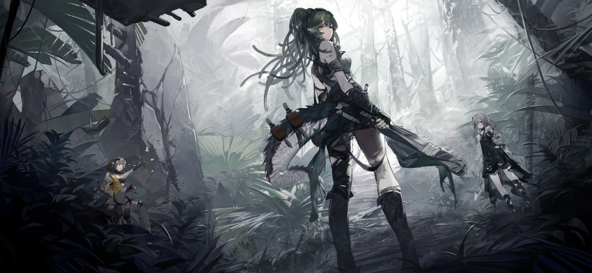 3girls arknights arm_up black_dress black_gloves black_pantyhose black_shirt brown_hair crocodilian_tail dreadlocks dress eunectes_(arknights) forest gavial_(arknights) gavial_the_invincible_(arknights) gloves goggles goggles_on_head green_hair grey_hair highres leaf long_hair looking_at_viewer looking_back multiple_girls nature official_alternate_costume outdoors pantyhose pointy_ears scenery shirt sitting standing tail tomimi_(arknights) xiao_feng yellow_eyes