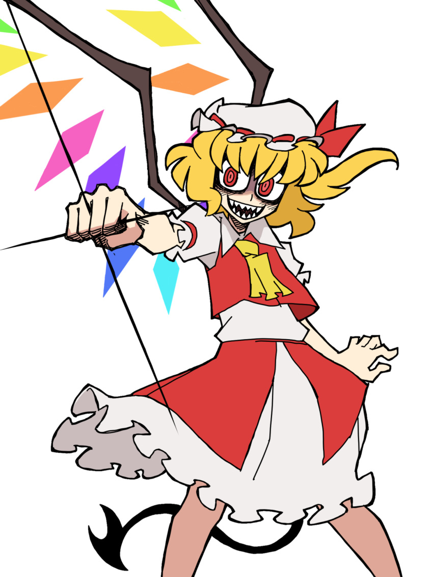 1girl :d ascot blonde_hair clenched_hand crystal eddybird55555 english_commentary flandre_scarlet hat hat_ribbon highres laevatein_(tail) looking_at_viewer mob_cap one_side_up open_mouth parody rainbow_order red_eyes red_ribbon red_skirt red_vest ribbon ringed_eyes shaded_face sharp_teeth shirt short_sleeves simple_background skirt smile solo standing style_parody tail teeth touhou vanripper_(style) vest white_background white_headwear white_shirt wings yellow_ascot