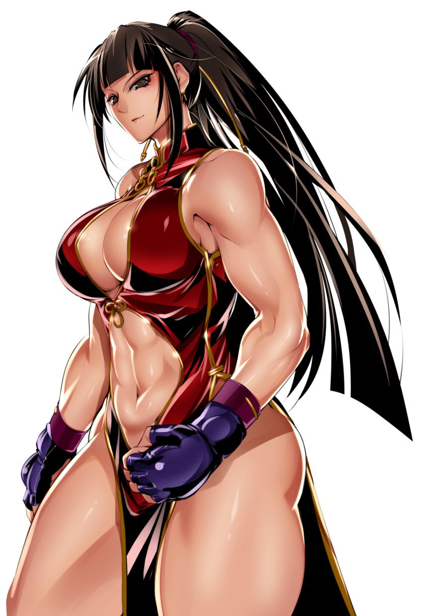 1girl abs biceps blue_gloves bowalia breasts brown_eyes brown_hair china_dress chinese_clothes cleavage_cutout clothing_cutout deltoids dress forearms gloves highres large_breasts legs light_smile looking_down muscular muscular_female non-web_source original ponytail quads red_dress thighs