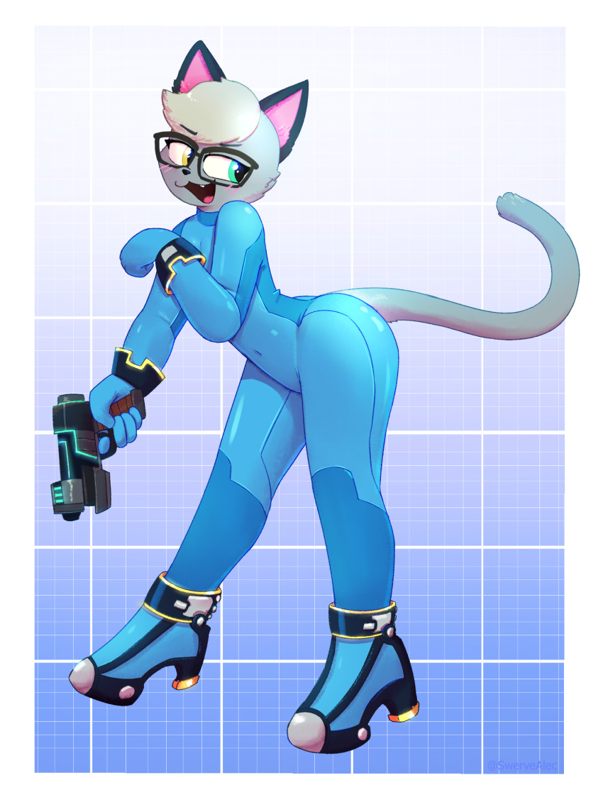 animal_crossing anthro blaster blush domestic_cat eyewear felid feline felis glasses heterochromia hi_res male mammal metroid nintendo open_mouth open_smile raymond_(animal_crossing) smile solo swerve-art video_games zero_suit