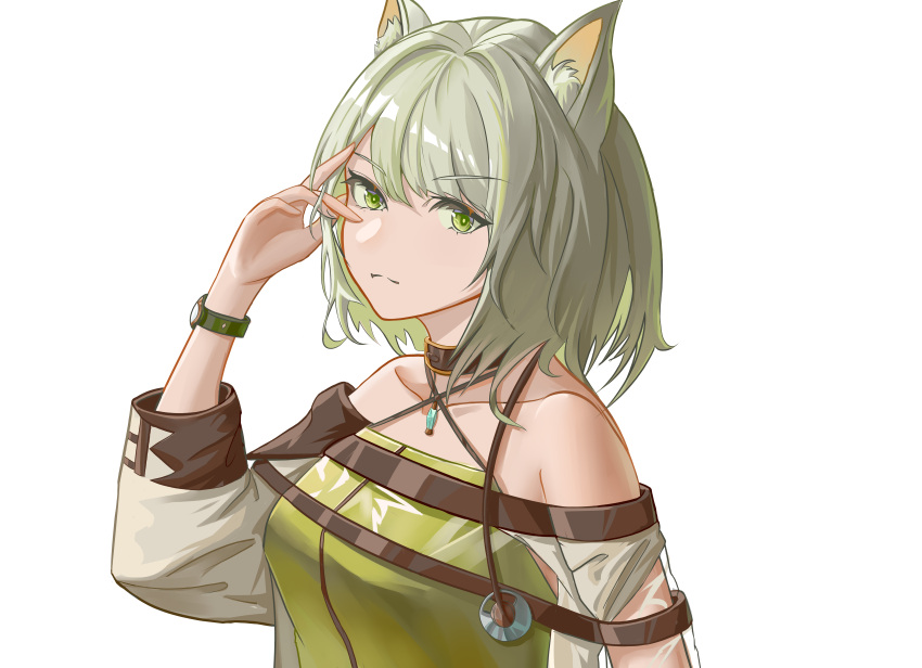1girl absurdres animal_ears arknights bare_shoulders black_collar breasts cat_ears cat_girl collar criss-cross_halter dress fu_yu_qinghe green_eyes green_hair halterneck hand_up highres kal'tsit_(arknights) long_sleeves looking_at_viewer off-shoulder_dress off_shoulder short_hair simple_background small_breasts solo stethoscope upper_body white_background