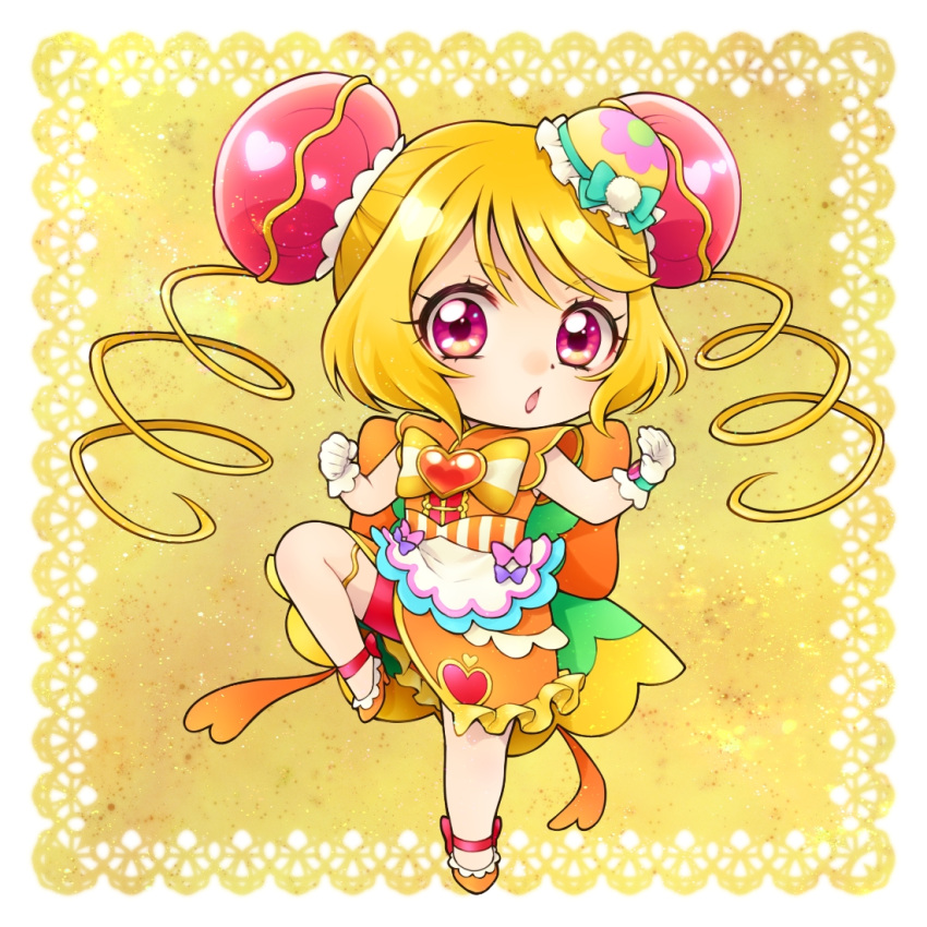 1girl :o aizen_(syoshiyuki) ankle_bow apron back_bow bangs bare_arms bare_legs bike_shorts blonde_hair blue_bow bow bun_cover chestnut_mouth chibi clenched_hand cure_yum-yum delicious_party_precure dot_nose double_bun drill_hair fighting_stance frilled_skirt frills full_body gloves hair_bun hanamichi_ran huge_bow lace_background long_hair looking_at_viewer magical_girl open_mouth orange_bow orange_footwear orange_skirt pink_bow precure red_bow red_eyes red_shorts shiny shiny_hair shoes shorts shorts_under_skirt skirt solo standing standing_on_one_leg striped striped_bow swept_bangs twin_drills white_gloves yellow_background