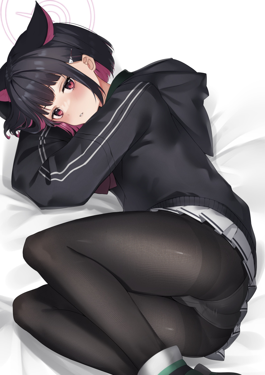 1girl absurdres animal_ears ass bangs bed_sheet black_hair black_hoodie black_pantyhose blue_archive blush cat_ears colored_inner_hair e_buki extra_ears feet_out_of_frame grey_skirt hair_ornament hairclip halo highres hood hoodie kazusa_(blue_archive) long_sleeves looking_at_viewer lying miniskirt multicolored_hair on_side panties panties_under_pantyhose pantyhose parted_lips pink_eyes short_hair skirt solo thighband_pantyhose underwear