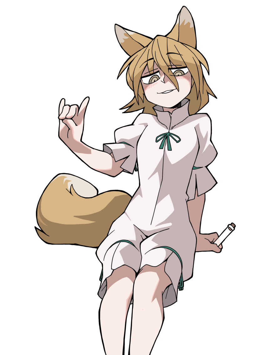 1girl absurdres animal_ears brown_eyes brown_hair eddybird55555 english_commentary fox_ears fox_girl fox_shadow_puppet fox_tail hair_between_eyes half-closed_eyes highres kudamaki_tsukasa looking_at_viewer medium_hair parody parted_lips ringed_eyes romper short_sleeves solo style_parody tail test_tube touhou vanripper_(style)