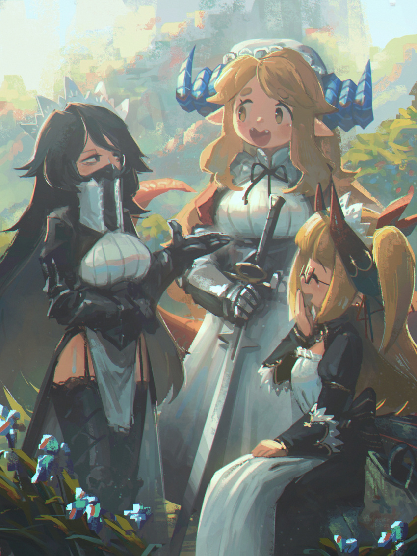 3girls absurdres apron black_hair blonde_hair borrowed_character closed_eyes dragon_maid_(murgoten) english_commentary executioner_maid_(centuriic) fangs fantasy flareze_(porforever) garter_straps glasses highres holding holding_sword holding_weapon horns long_hair looking_at_another maid maid_apron maid_headdress multiple_girls original pointy_ears porforever semi-rimless_eyewear sitting standing sword tail thighhighs two_side_up under-rim_eyewear very_long_hair weapon yellow_eyes zweihander