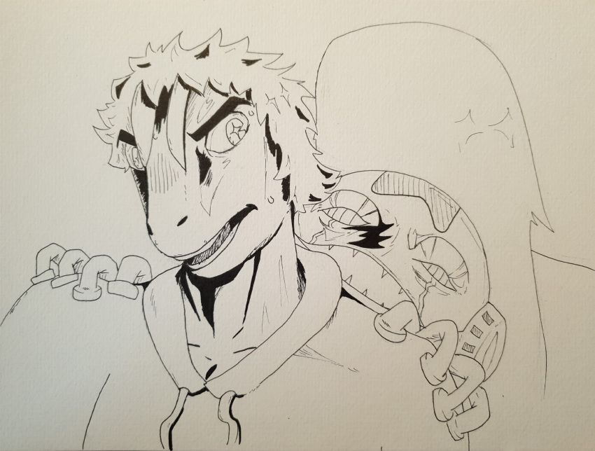 absurd_res anthro bodily_fluids clothed clothing dinosaur duo goodbye_volcano_high hair hi_res humanoid jojo's_bizarre_adventure looking_back male milhouse_(gvh) monochrome open_mouth reptile scalie sharp_teeth simple_background sketch snoot_game_(fan_game) stand_(jjba) sweat teeth traditional_media_(artwork) unknown_artist video_games white_background