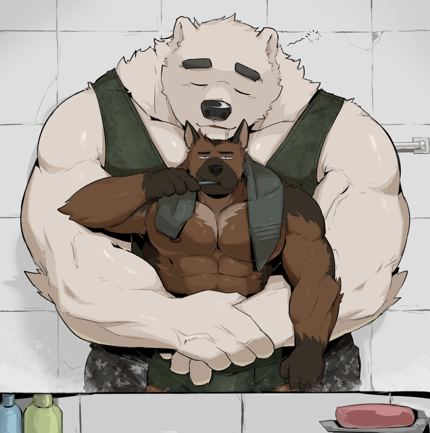 abs anthro bathroom big_muscles black_nose bodily_fluids briefs brown_body brown_fur brush brushing brushing_teeth bulge canid canine canis clothed clothing domestic_dog drooling duo ears_up elbow_tuft embrace eyebrows eyes_closed fur fur_markings german_shepherd head_tuft herding_dog hi_res hug hugging_from_behind humanoid_hands larger_male male male/male mammal markings morning muscular muscular_anthro muscular_male neck_tuft nipples pastoral_dog pecs polar_bear saliva shirt size_difference sleeping soap sweat tank_top tired topless topwear towel tuft underwear ursid ursine wall_(structure) white_body white_fur youdil1004